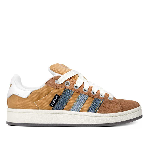 Adidas campus color marrone chiaro e scuro con bande laterali in denim jeans