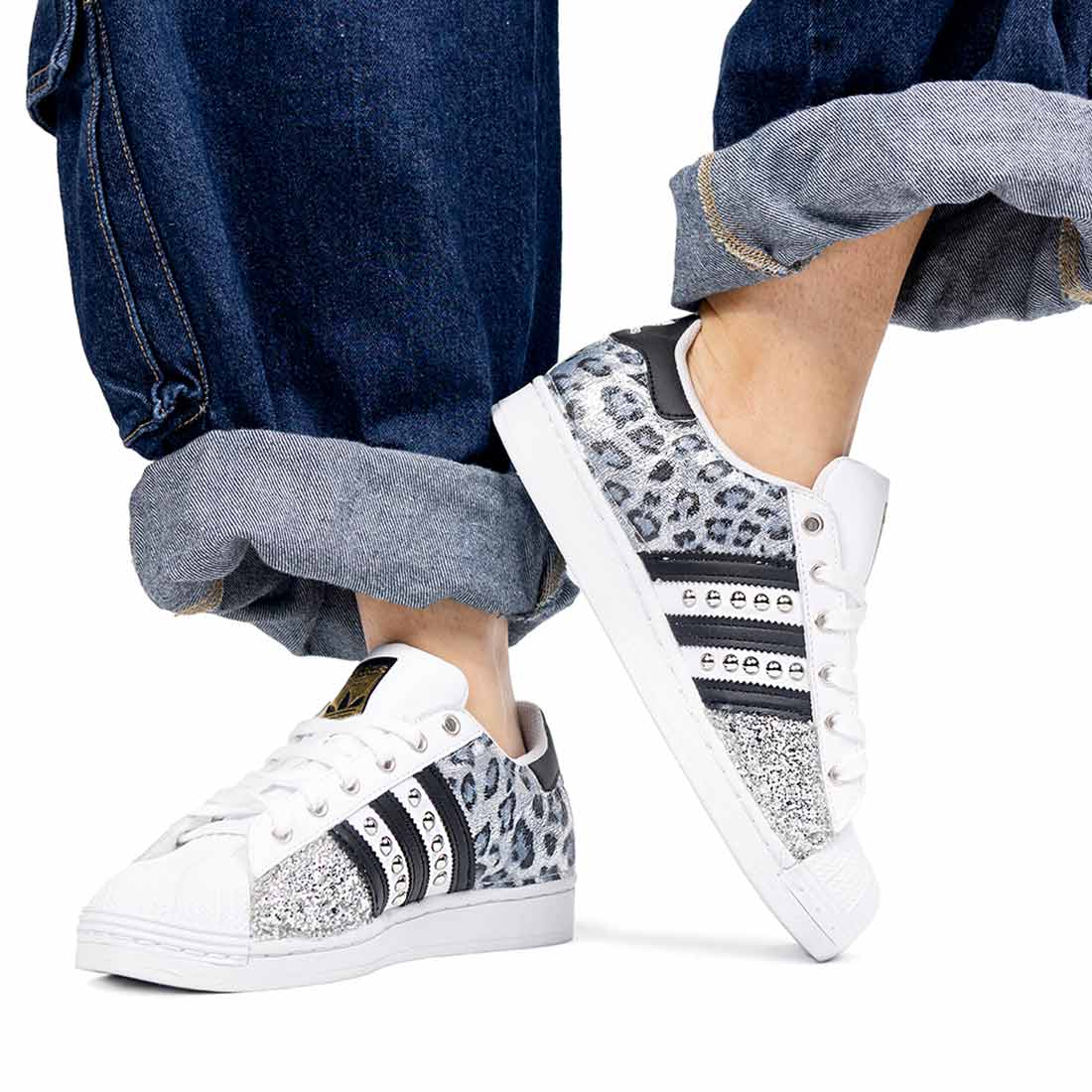 Adidas superstar con borchiette leo argento reflex e glitter argento 