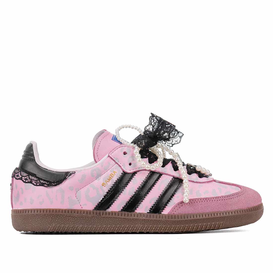 Adidas Samba rosa leopardate grigio con perle bianche fiocco in pizzo nero 