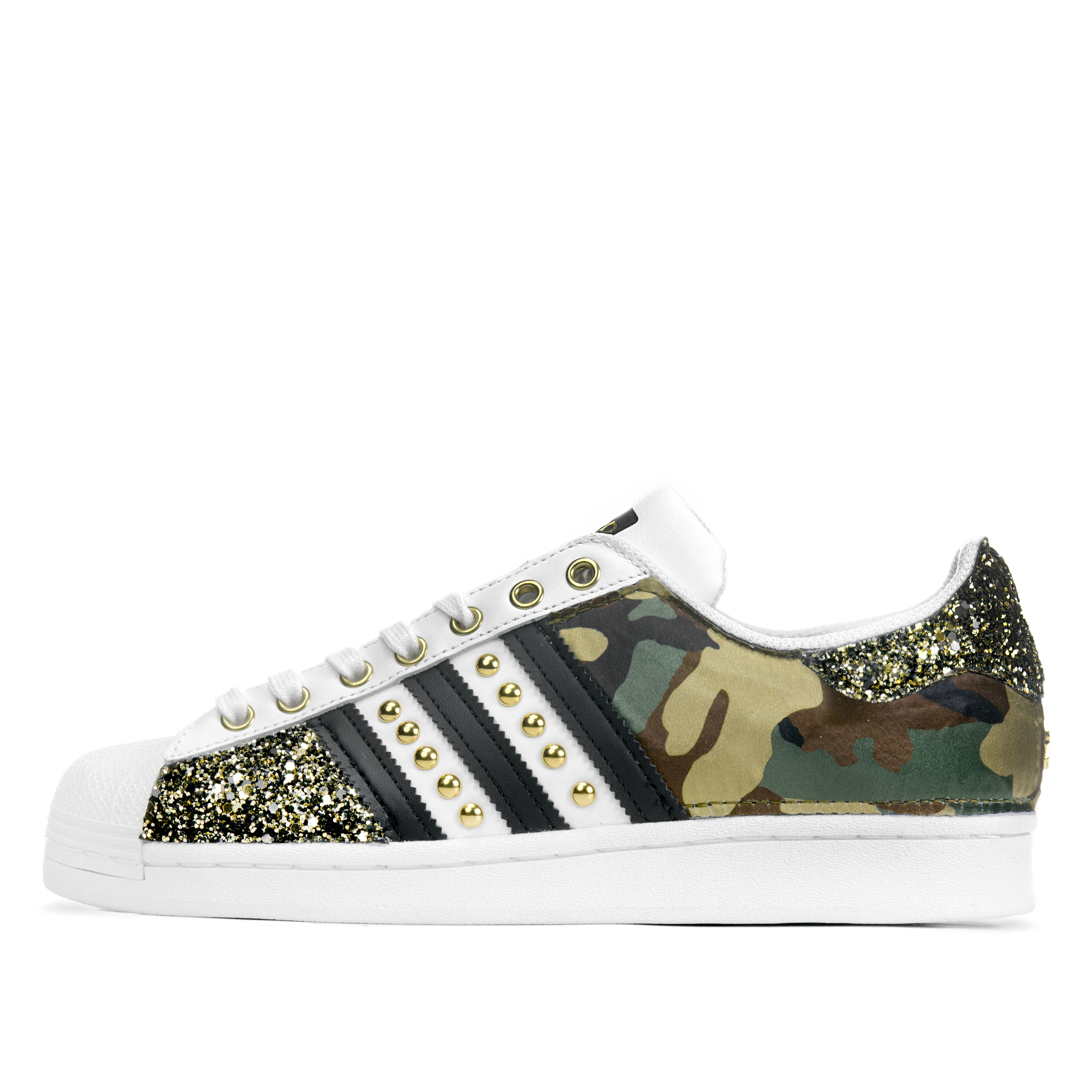 Adidas superstar militare con brillantini oro e borchie oro