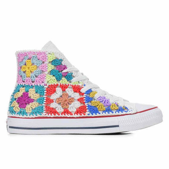 Converse All Star Bianche Alte all'uncinetto con Trama Ricamata con Colori Vivaci