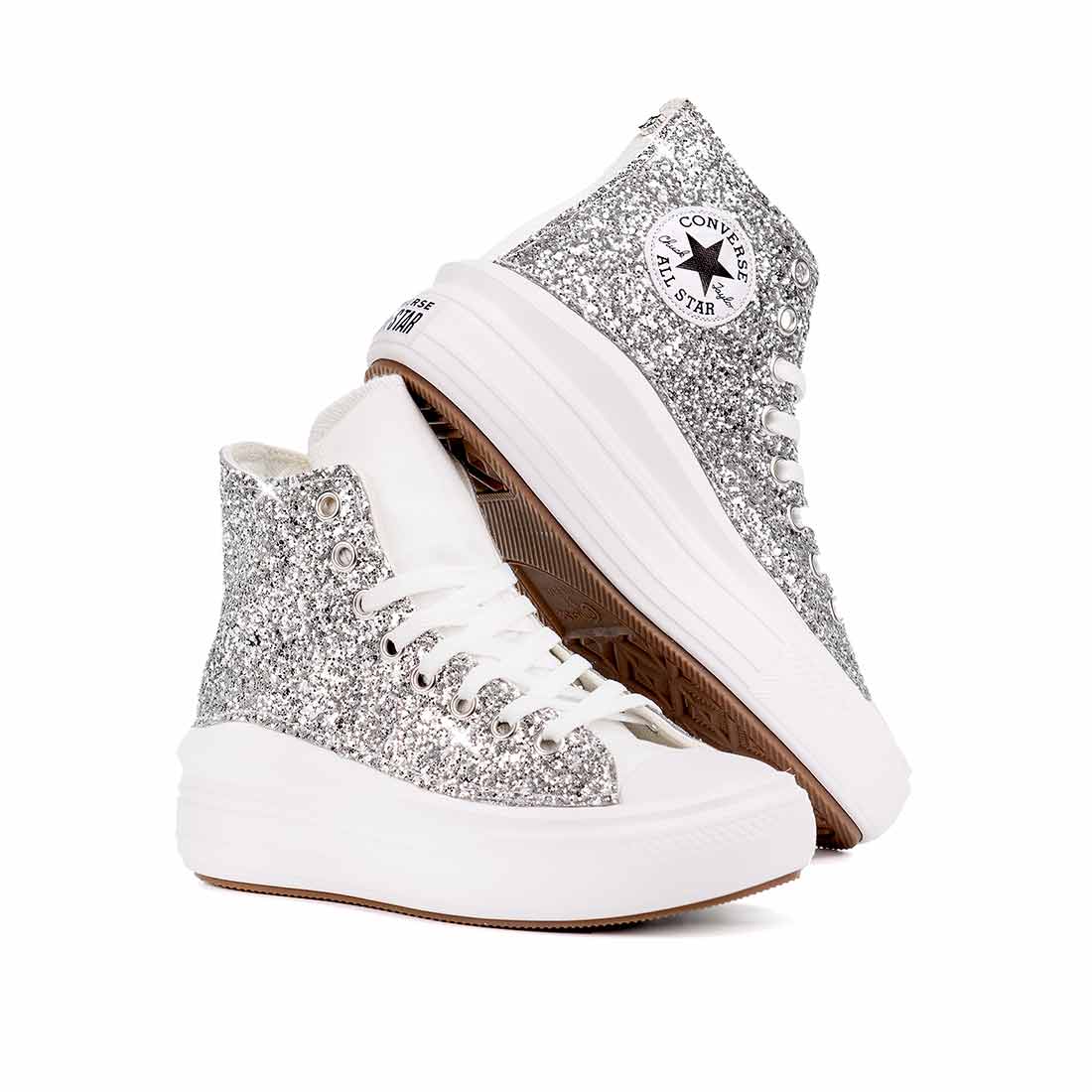 Scarpe da ginnastica bianche alte all star con brillantini argento su tutta la scarpa