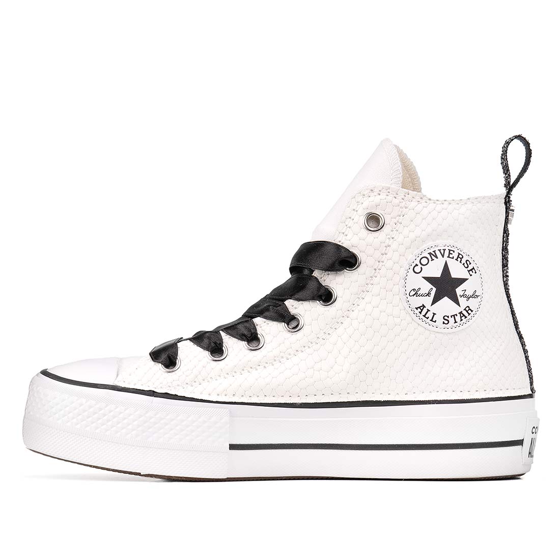 Converse All Star Bianche alte Platform- Pitone Bianco e Glitter Nero - Outlet