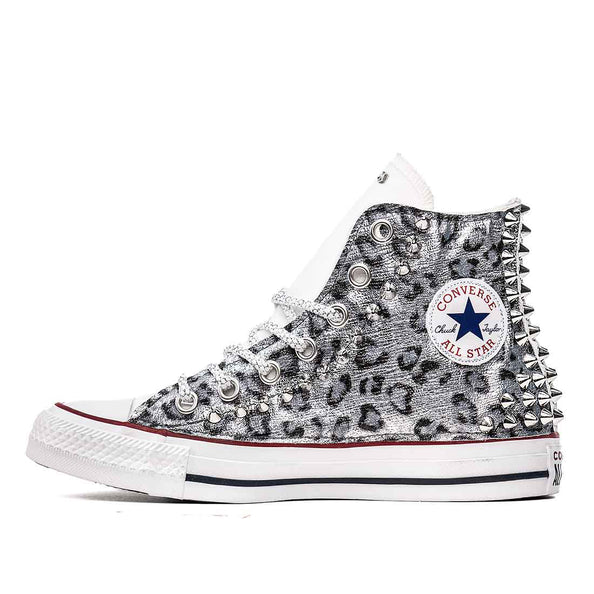 All star classiche bianche con borchie e tessuto animalier argento 