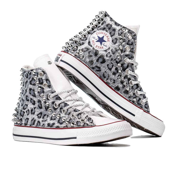Converse all star classic bianche alte con tessuto leopardato argento con borchie e lacci glitter 