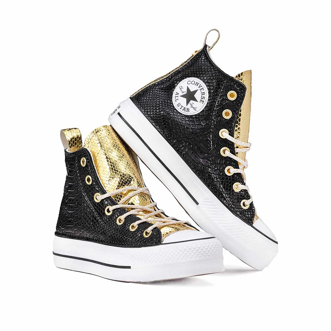 Converse All Star Alte Pitonate Nere e Oro - Suola Alta Platform - Lacci Oro - Outlet