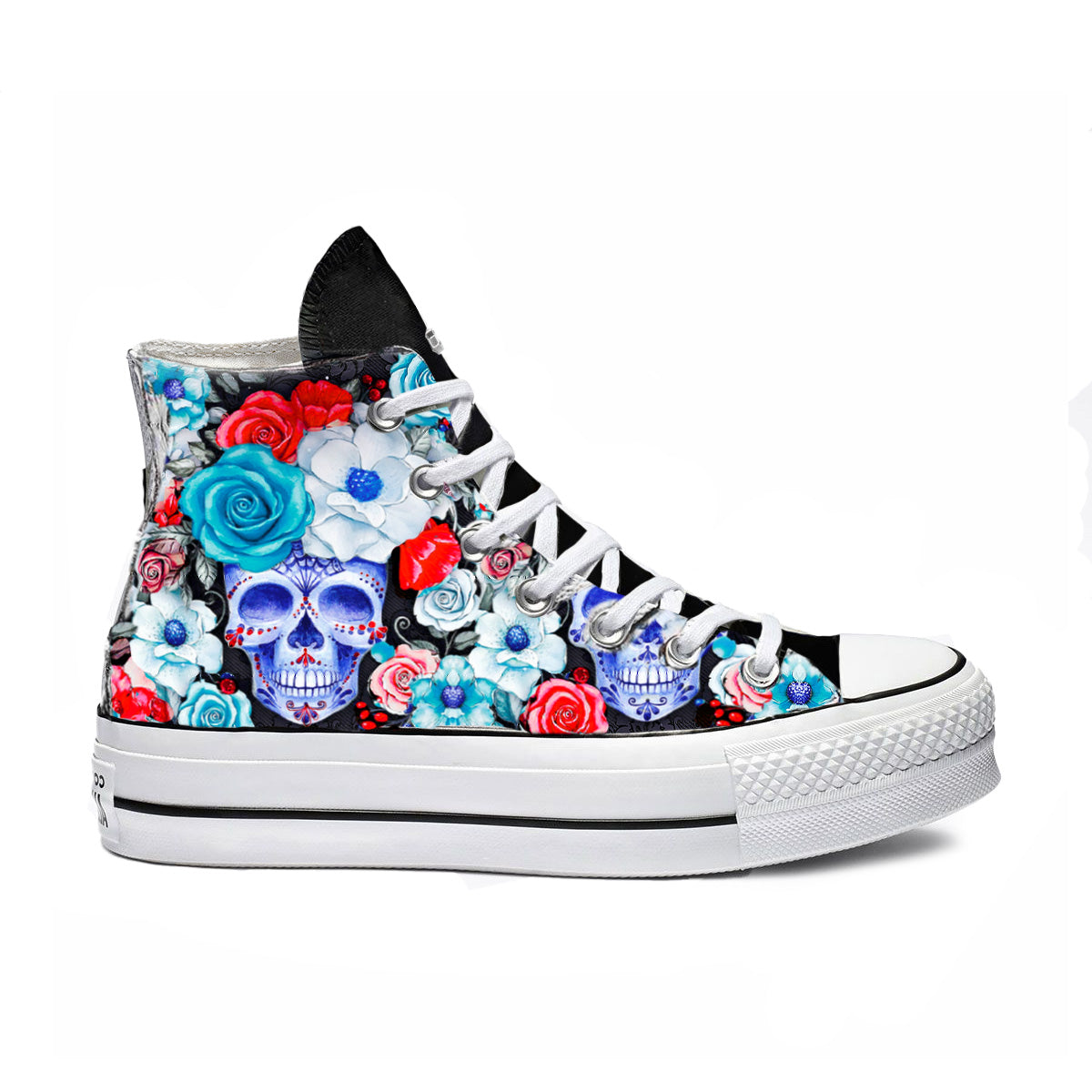 Converse All Star Nere Platform con Teschi e Rose Blu e Rosso