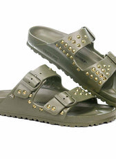 Birkenstock Arizona EVA Verde militare con borchie a cuneo oro