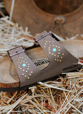 birkenstock arizona con borchie oro e pietre azzurre