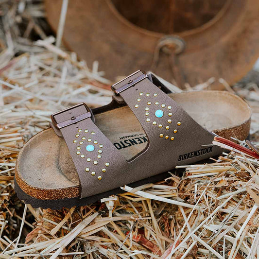 birkenstock arizona con borchie oro e pietre azzurre