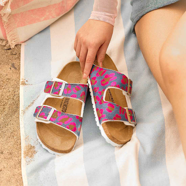 Birkenstock arizona leopardate fucsia su tessuto denim 