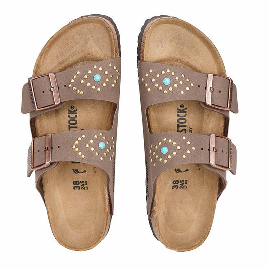 Birkenstock arizona marroni con borchie oro e cabochon azzurro