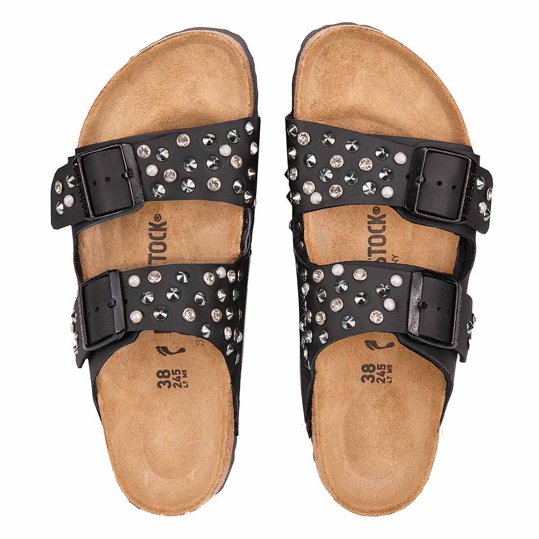 Birkenstock arizona nere con perle borchie argento e strass luccicanti 