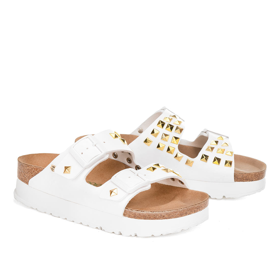 birkenstock bianche platform con borchiette oro