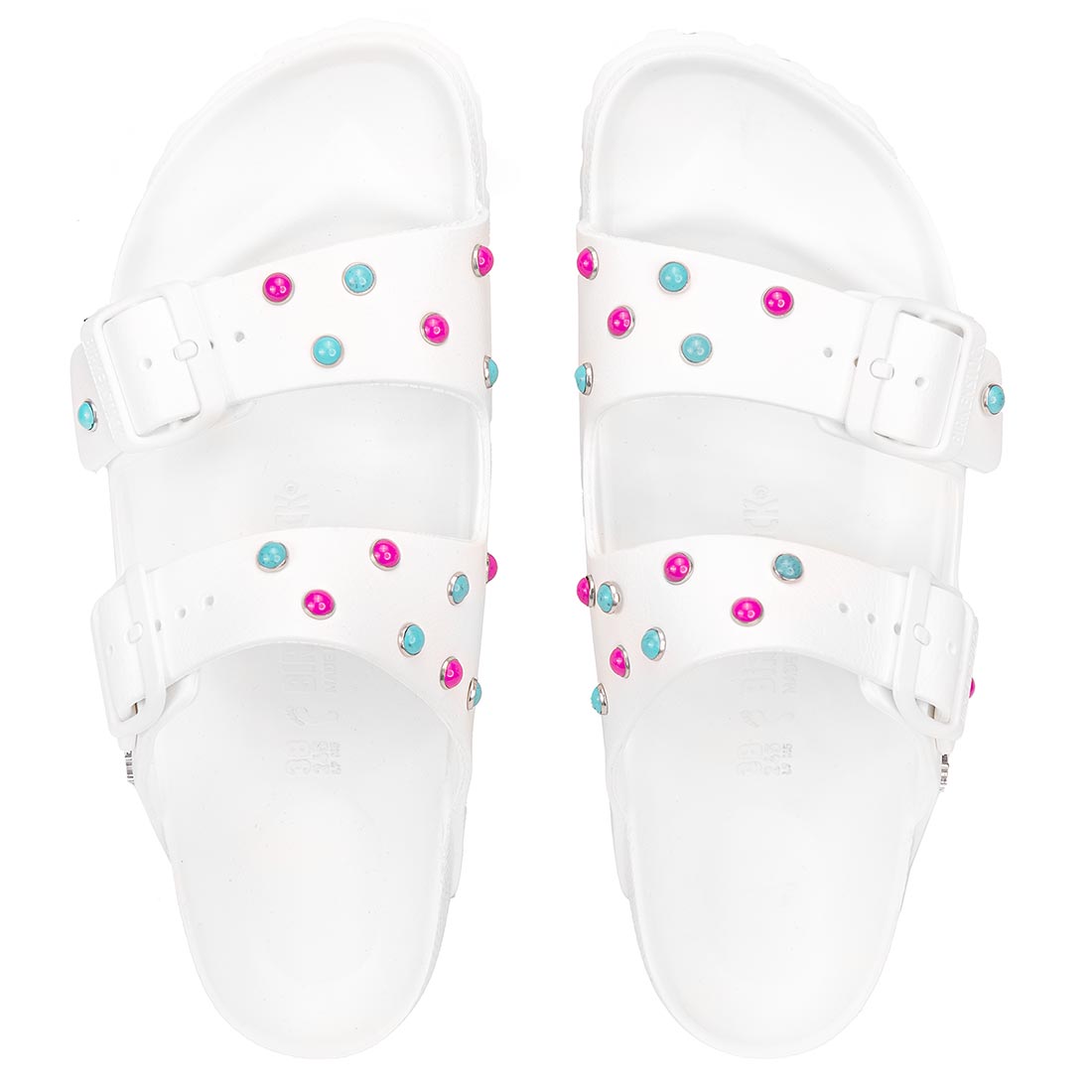 Birkenstock eva bianche con cabochon azzurro e fucsia