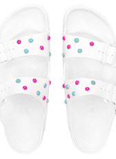 Birkenstock eva bianche con cabochon azzurro e fucsia