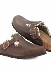 Birkenstock color Marrone mocca con ricamo a mano bianco panna