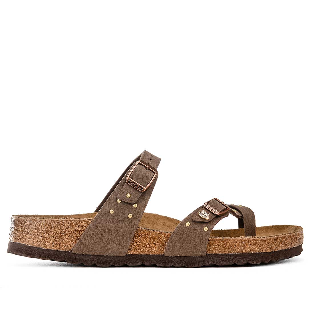 sandalo birkenstock color marrone con borchiette oro