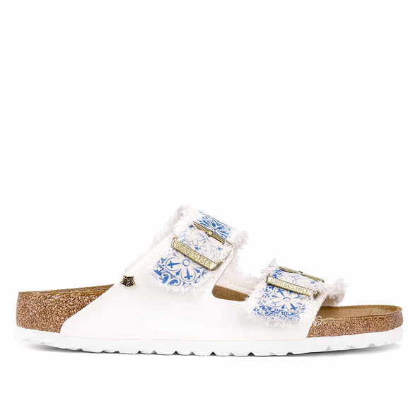 Ciabatta da mare Birkenstock stile mediterraneo  bianche e blu con frange 