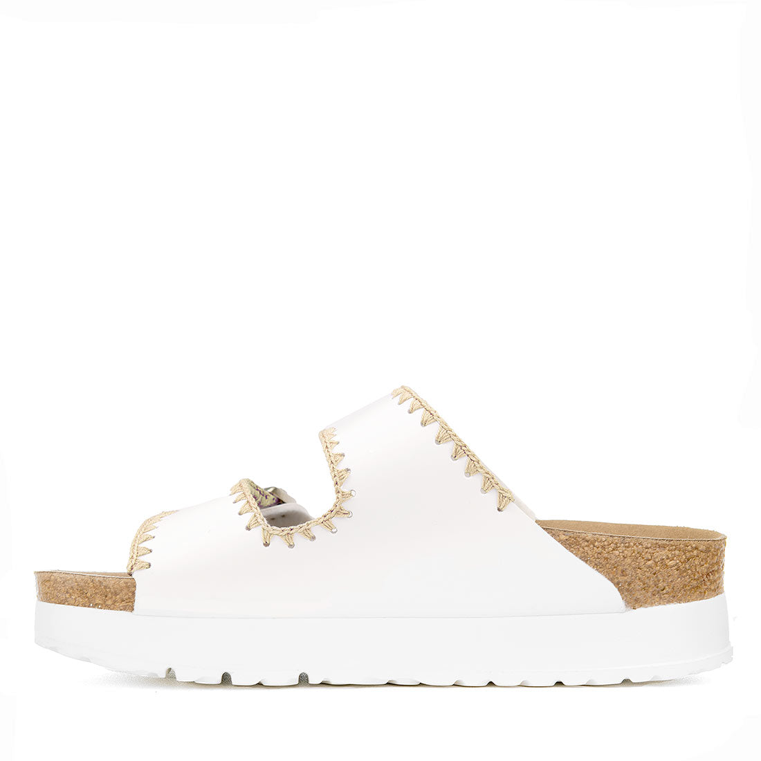 ciabatte bianche birkenstock platform ricamate all'uncinetto
