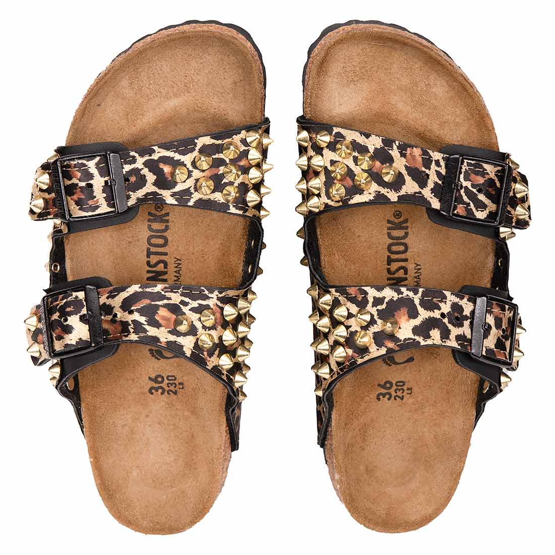 Ciabatte Birkenstock arizona on tessuto leopardato e borchie oro