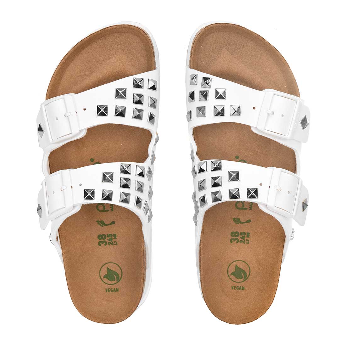 ciabatte birkenstock arizona platform bianche con borchie a piramide argento