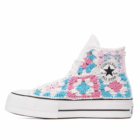Converse All Star Alte Bianche Crochet color Blu e Fucsia