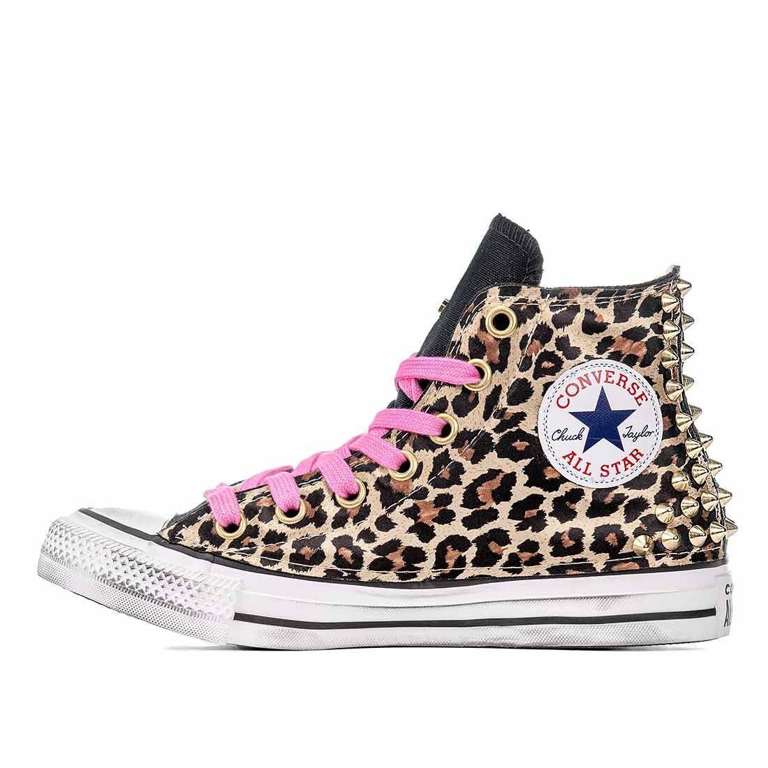 Converse all star alte leopardate con borchie oro e lacci fucsia