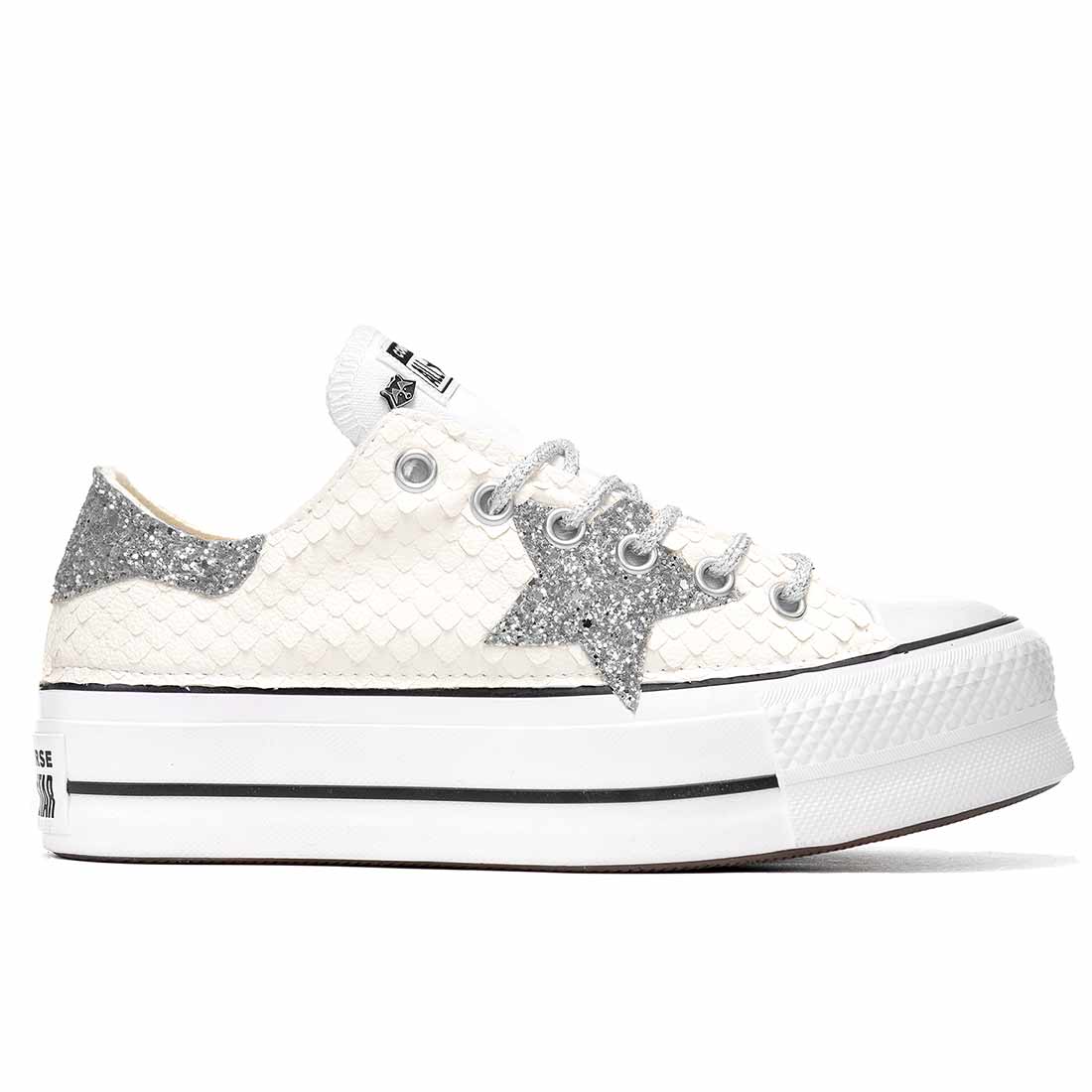 converse pitone bianco e glitter argento