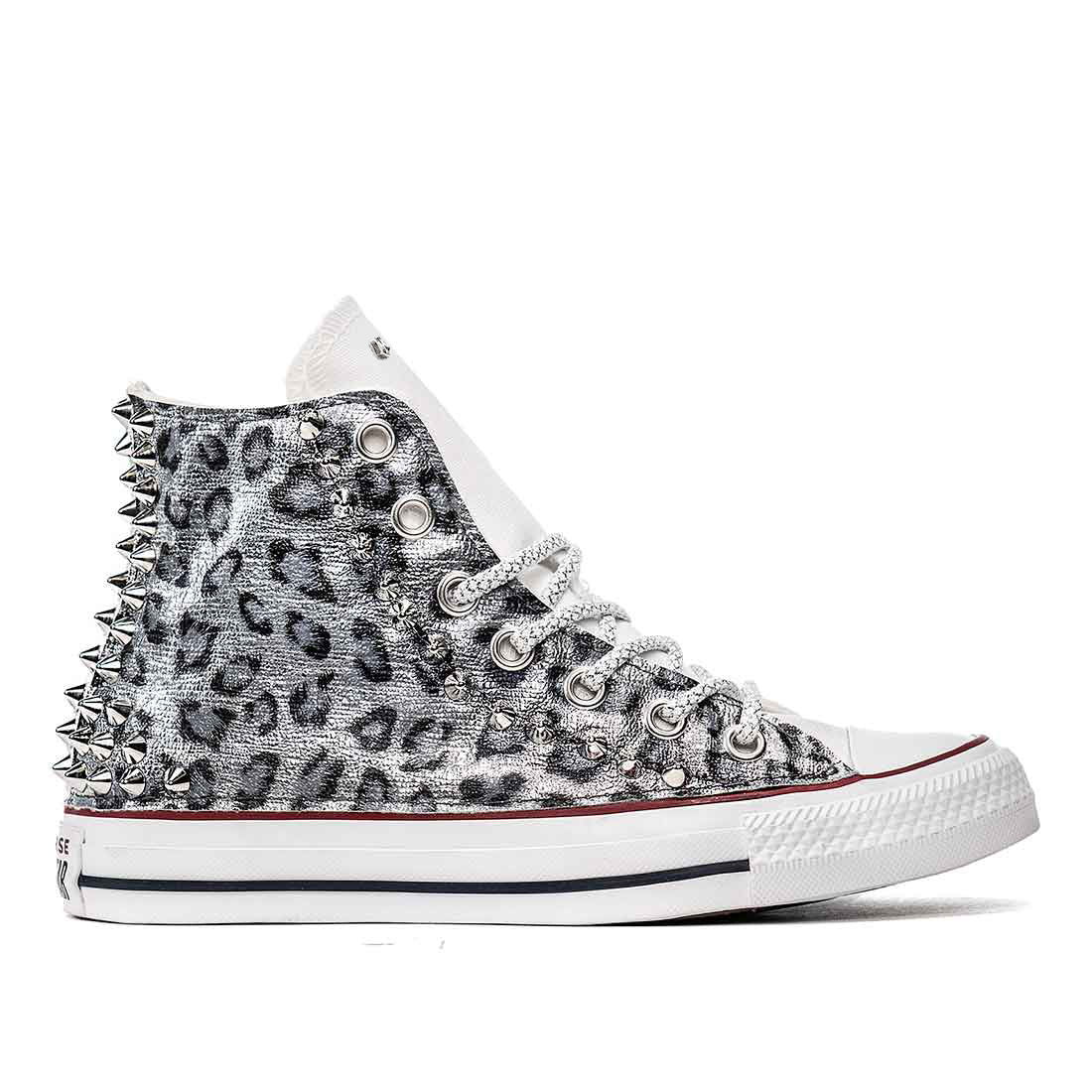 Converse all star leopardate argento con borchie e lacci glitter argento