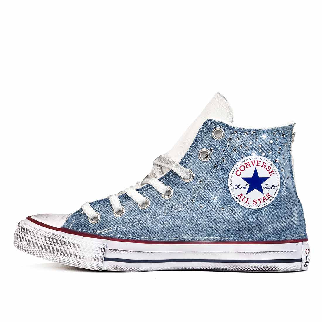 converse all star in denim jeans con effetto vintage e brillanti