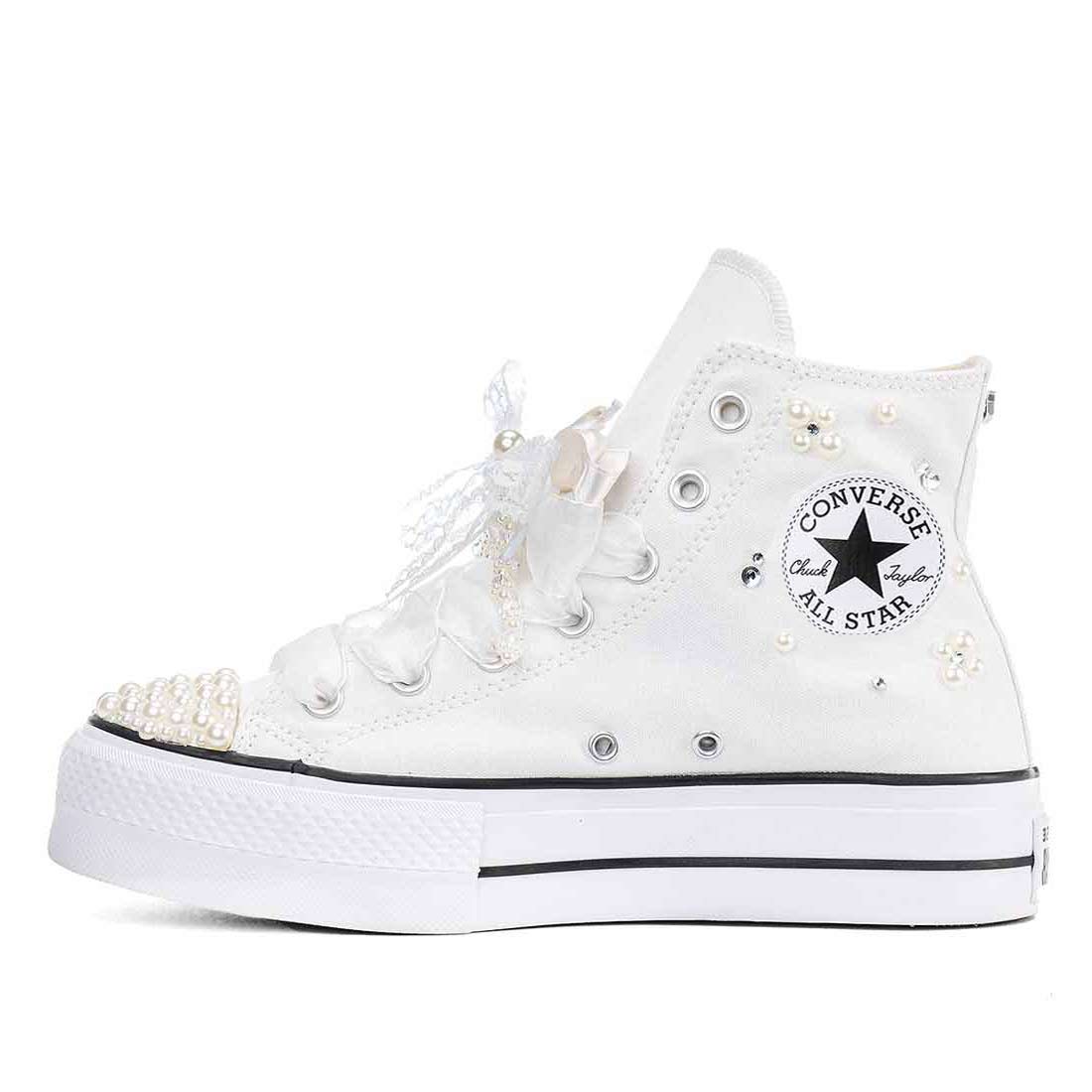 Converse all star Platform bianca con perle e brillantini Swarovki da sposa e matrimonio