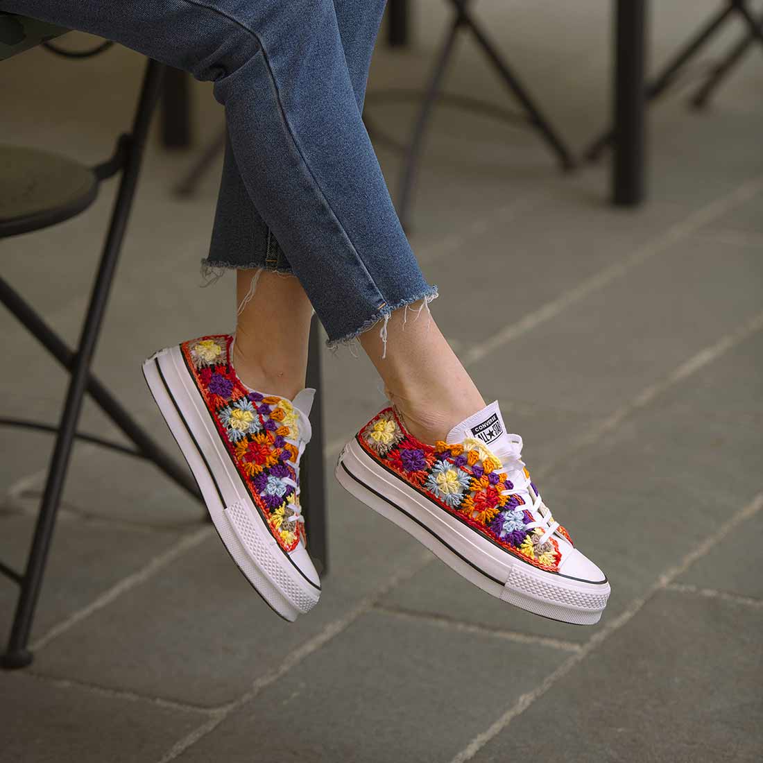 Converse All Star Bianche Crochet Pastello - Basse suola Platform - Outlet