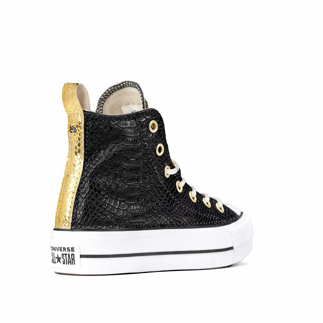Converse All Star Alte Pitonate Nere e Oro - Suola Alta Platform - Lacci Oro - Outlet