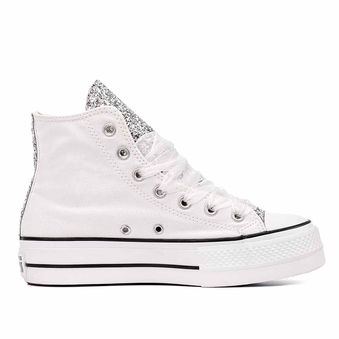 Converse all star bianche con suola platform glitter argento e lacci in tulle