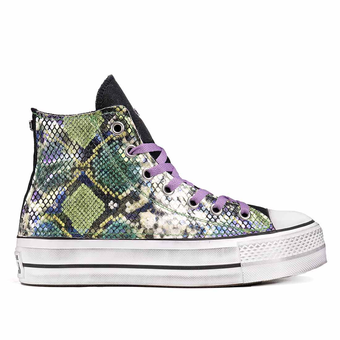 Converse all star con trama pitonata verde e viola e lacci lilla