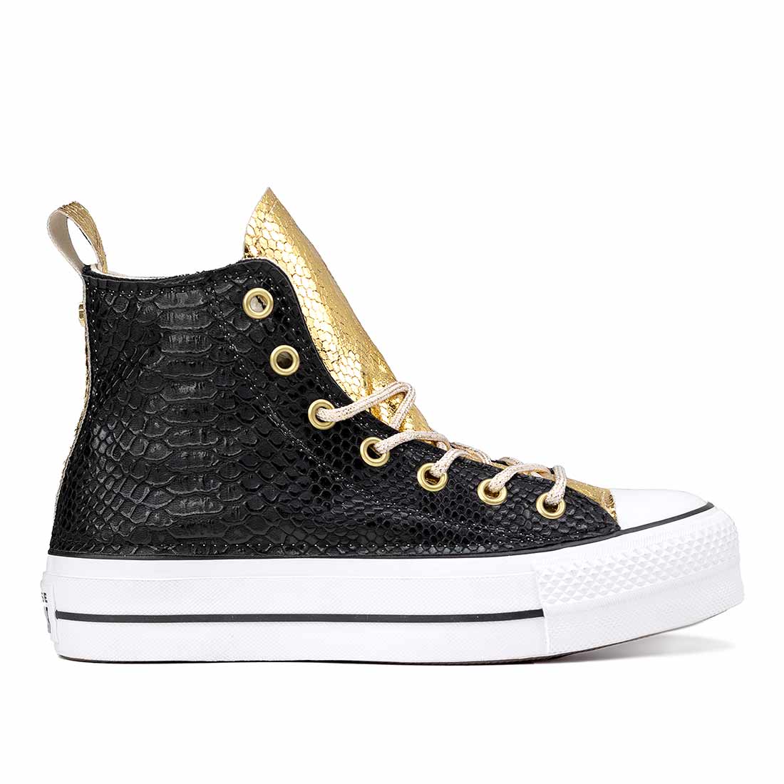 Converse All Star Alte Pitonate Nere e Oro - Suola Alta Platform - Lacci Oro - Outlet