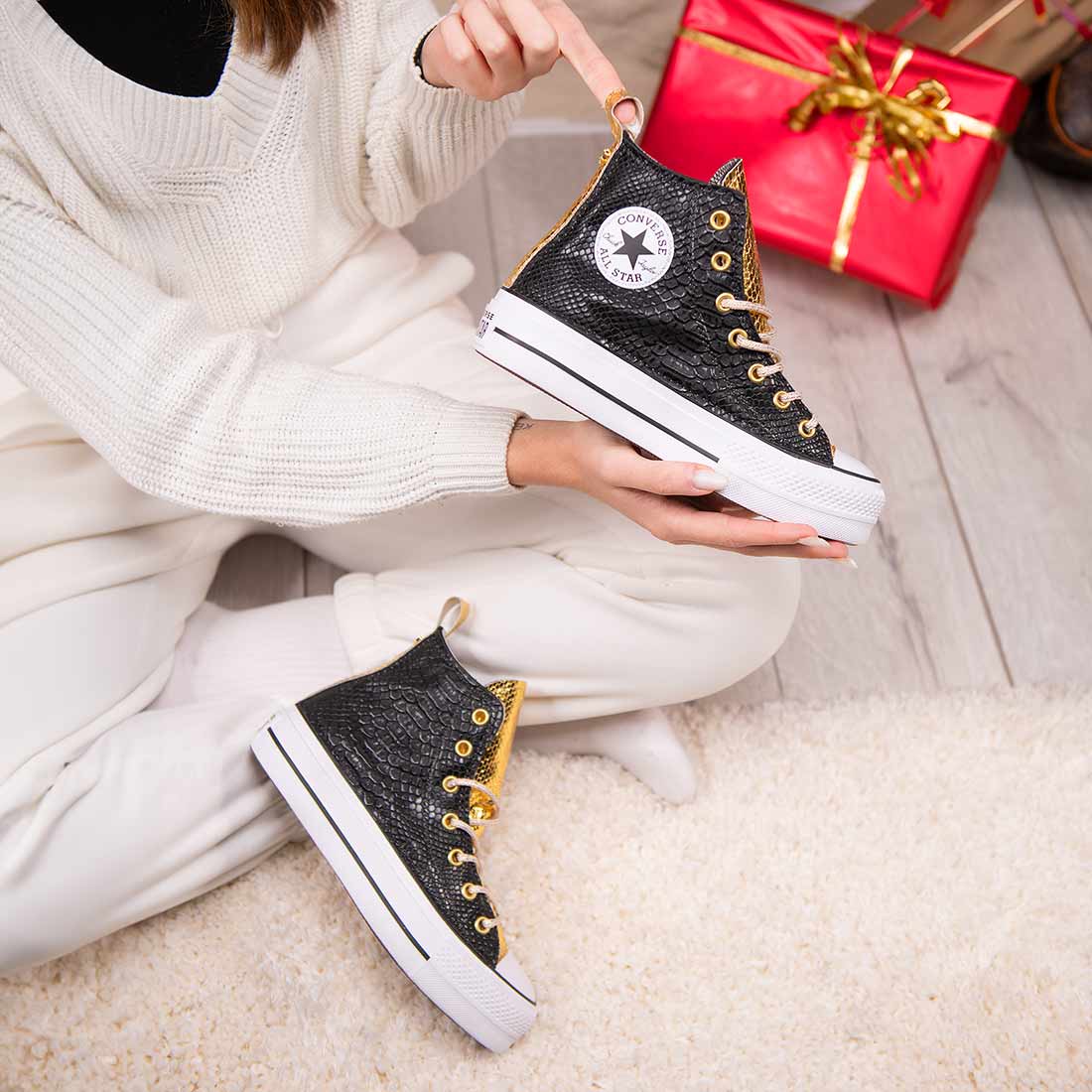 Converse All Star Alte Pitonate Nere e Oro - Suola Alta Platform - Lacci Oro - Outlet