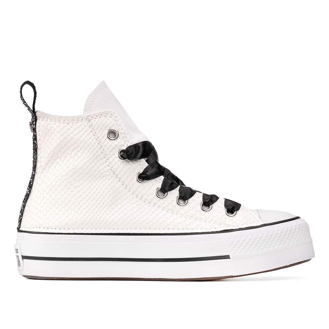 Converse All Star Bianche alte Platform- Pitone Bianco e Glitter Nero - Outlet