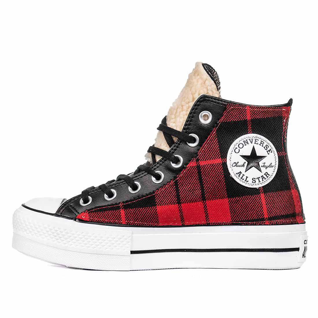 Converse alte platform con tessuto in pelo teddy e tartan rosso