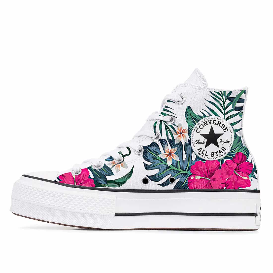 Converse all star alte bianche con fiori tropicali