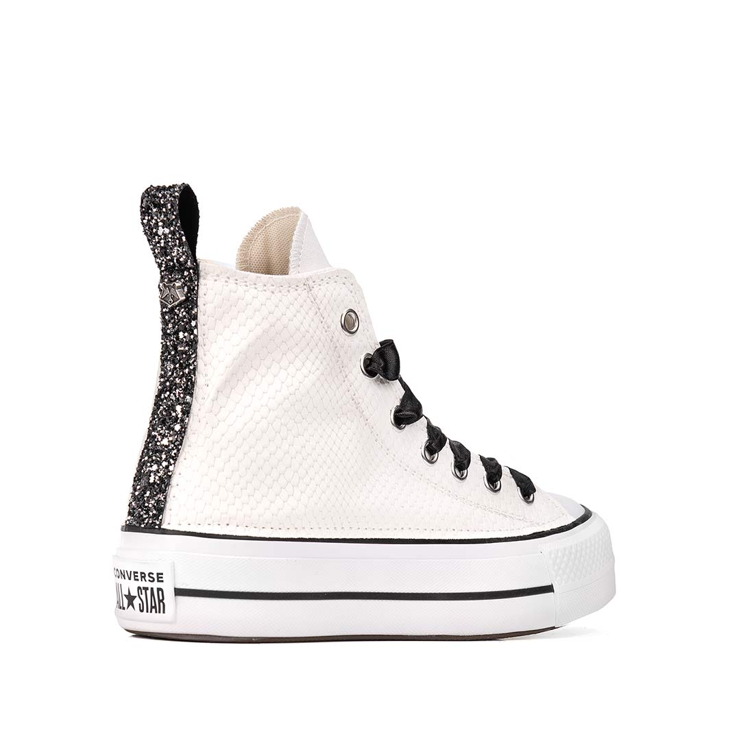 Converse All Star Bianche alte Platform- Pitone Bianco e Glitter Nero - Outlet