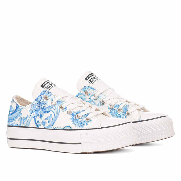 Converse all star bianche basse con trama maiolica azzurro