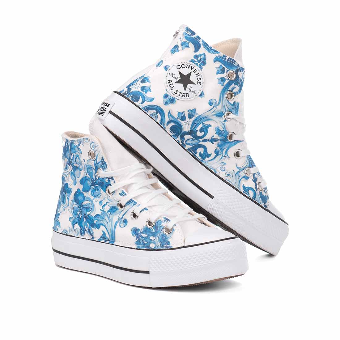 Converse all star bianche con trama maiolica azzurro