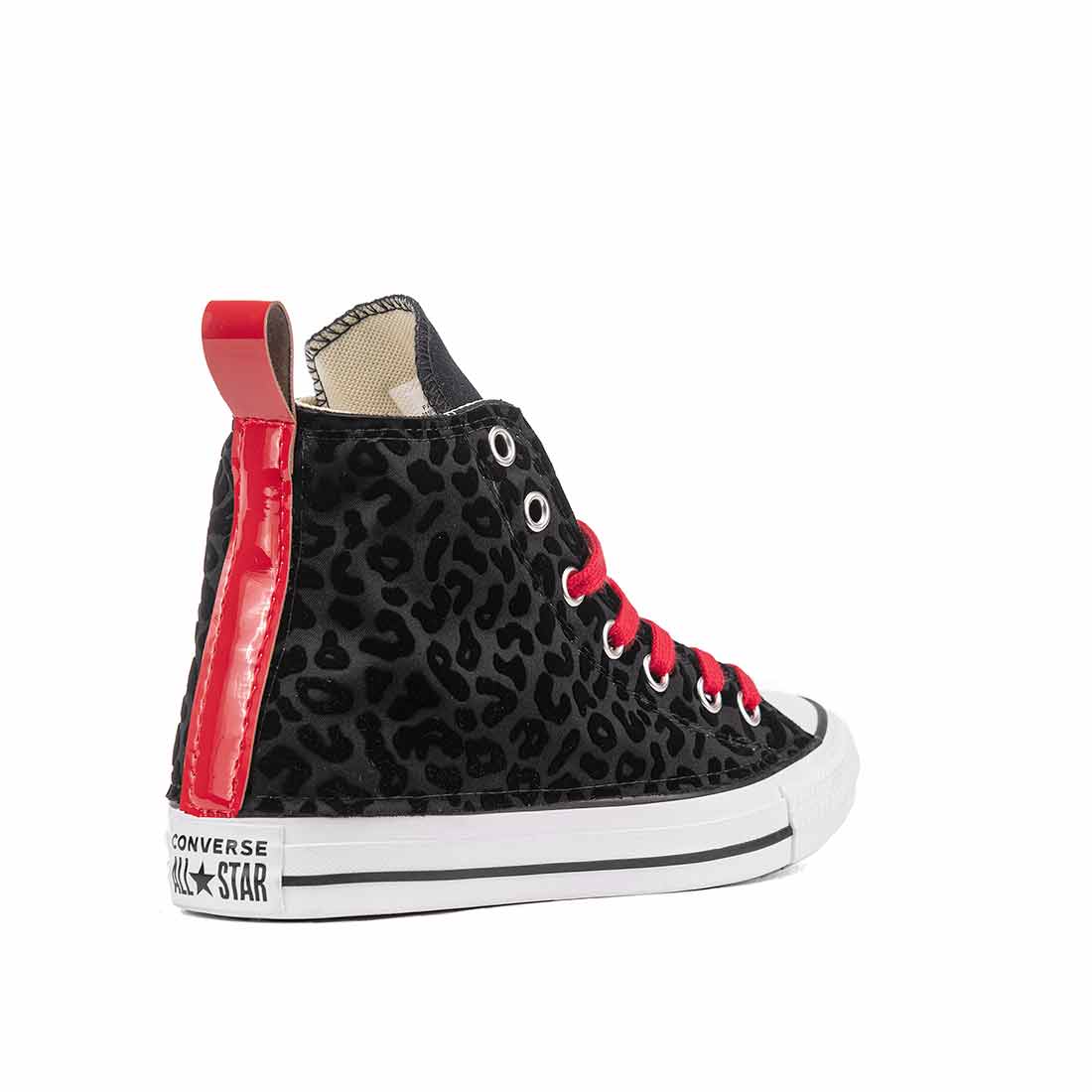 converse leopardata nero con banda rosso lucido sul retro