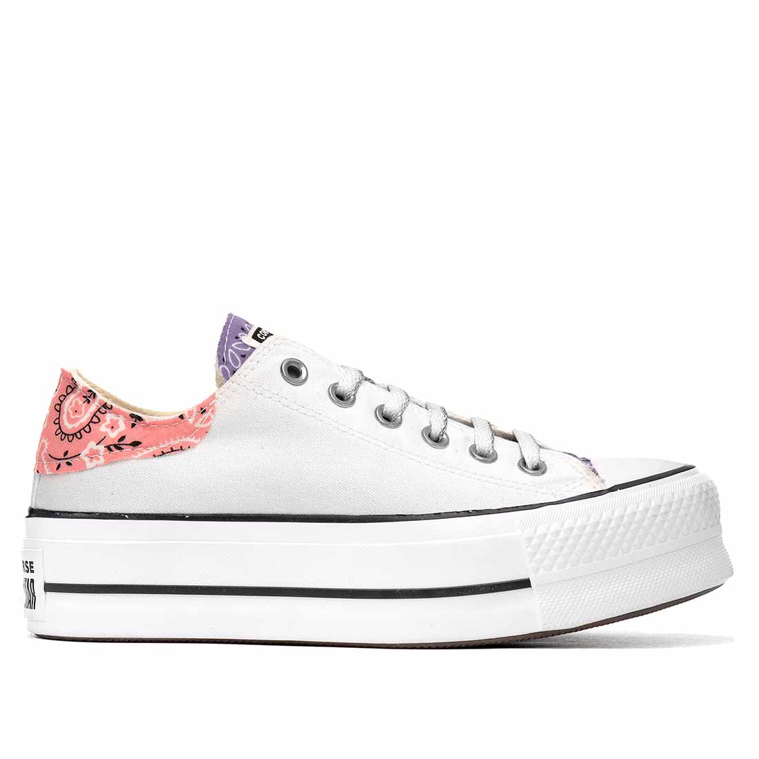 sneakers converse all star con bandana viola e rosa con suola alta colore bianche