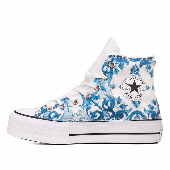 Converse all star bianche platform con texture maiolica mediterranea colore blu