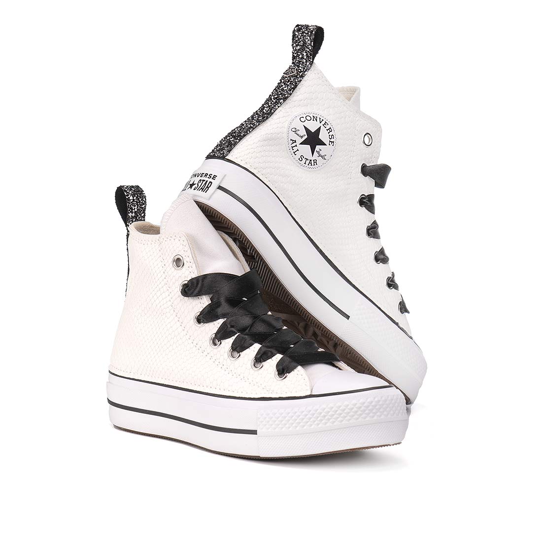 Converse All Star Bianche alte Platform- Pitone Bianco e Glitter Nero - Outlet
