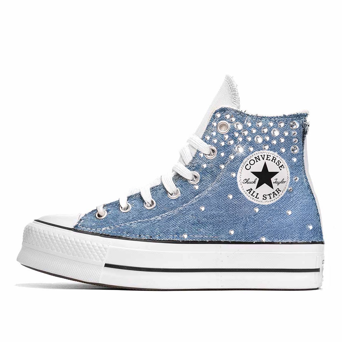 Converse suola alta Platform in denim Jeans con brillantini Swarovski