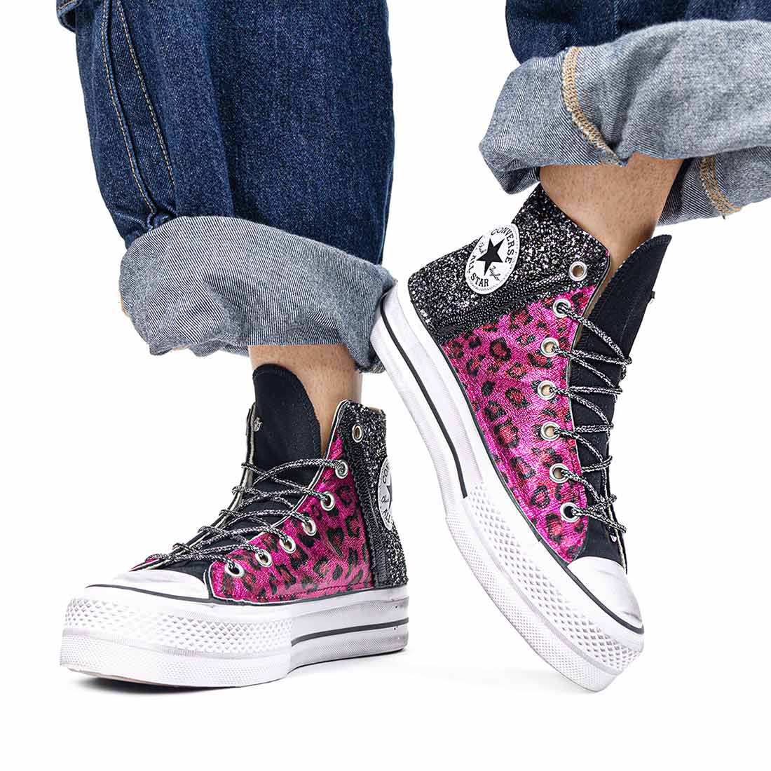 Converse all star con glitter nero e leo rosa reflex